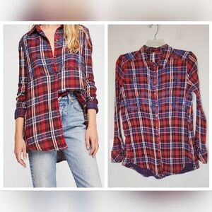 Free People Magical Plaid Embroidered Shirt Red white blue Size medium